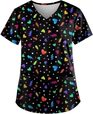 Womens Scrubs Cute Printed Short Sleeve Working T-Shirts V Neck Scrubs Tops Soft Stretch Blouses with Pocket