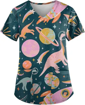Womens Scrubs Cute Printed Short Sleeve Working T-Shirts V Neck Scrubs Tops Soft Stretch Blouses with Pocket