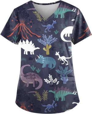 Womens Scrubs Cute Printed Short Sleeve Working T-Shirts V Neck Scrubs Tops Soft Stretch Blouses with Pocket