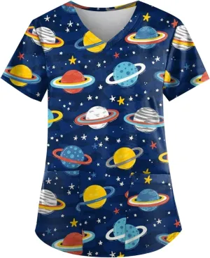 Womens Scrubs Cute Printed Short Sleeve Working T-Shirts V Neck Scrubs Tops Soft Stretch Blouses with Pocket
