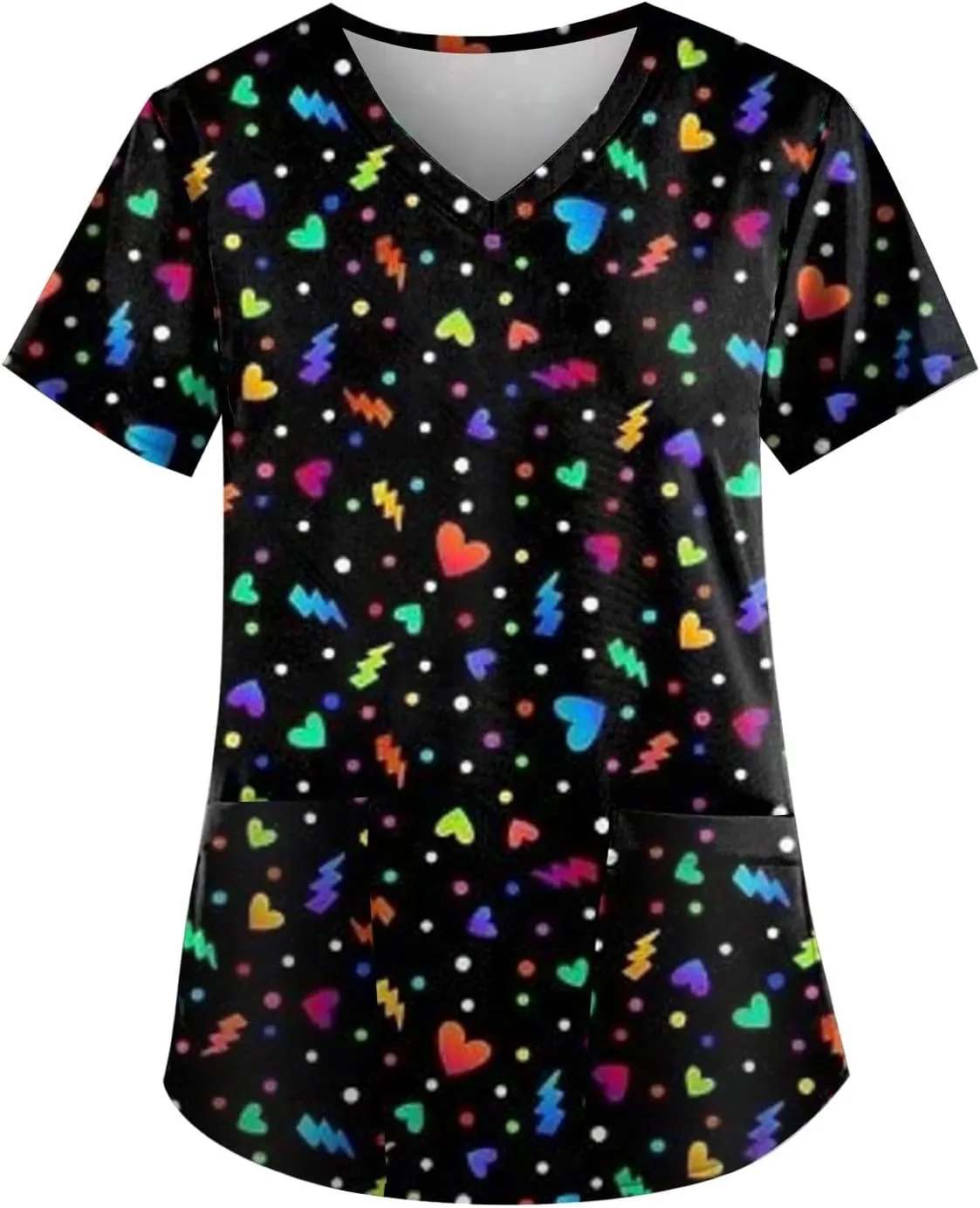 Womens Scrubs Cute Printed Short Sleeve Working T-Shirts V Neck Scrubs Tops Soft Stretch Blouses with Pocket