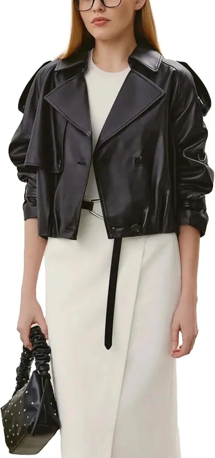 Womens Short Crop Trench Coat - Double Breasted Notched Lapel Stylish Fashion Spring Cropped Jacket for Women