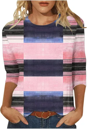Womens Striped Tops Color Block Shirts Plus Size Casual Loose Fit Crewneck Tshirts Spring Summer 3/4 Sleeve Tees