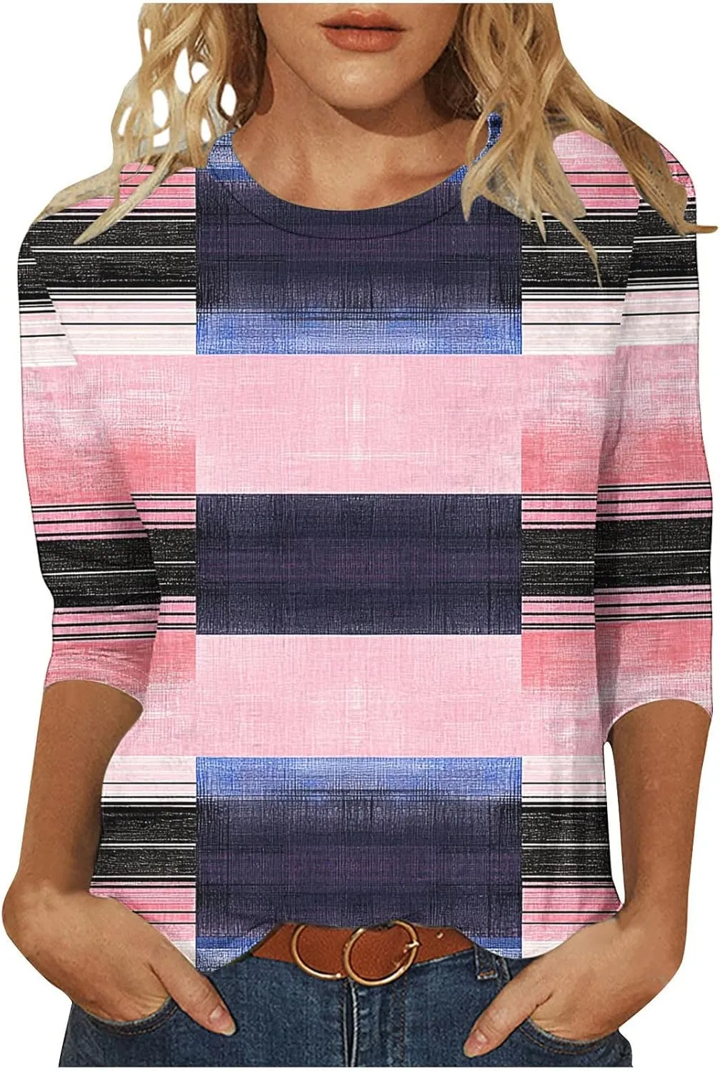 Womens Striped Tops Color Block Shirts Plus Size Casual Loose Fit Crewneck Tshirts Spring Summer 3/4 Sleeve Tees