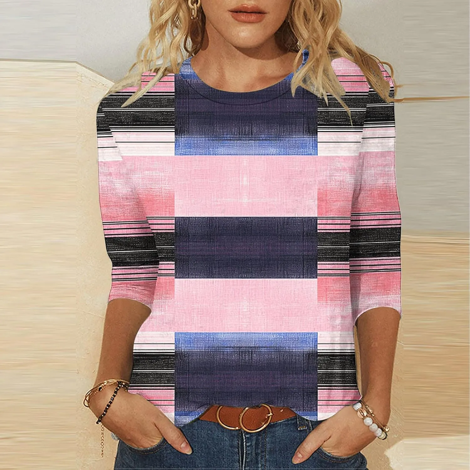 Womens Striped Tops Color Block Shirts Plus Size Casual Loose Fit Crewneck Tshirts Spring Summer 3/4 Sleeve Tees