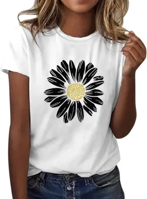 Women's Summer Sunflower T Shirt Cute Flower Graphic Loose Tees Crew Neck Short Sleeve Casual Tops