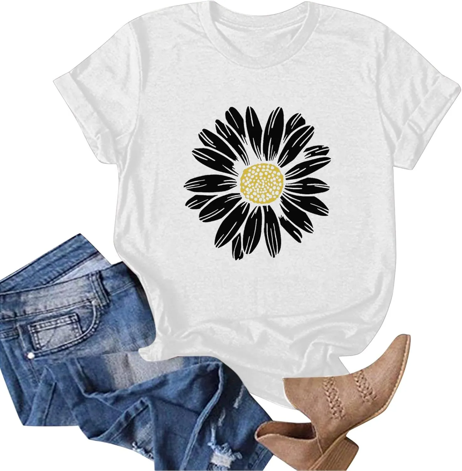 Women's Summer Sunflower T Shirt Cute Flower Graphic Loose Tees Crew Neck Short Sleeve Casual Tops