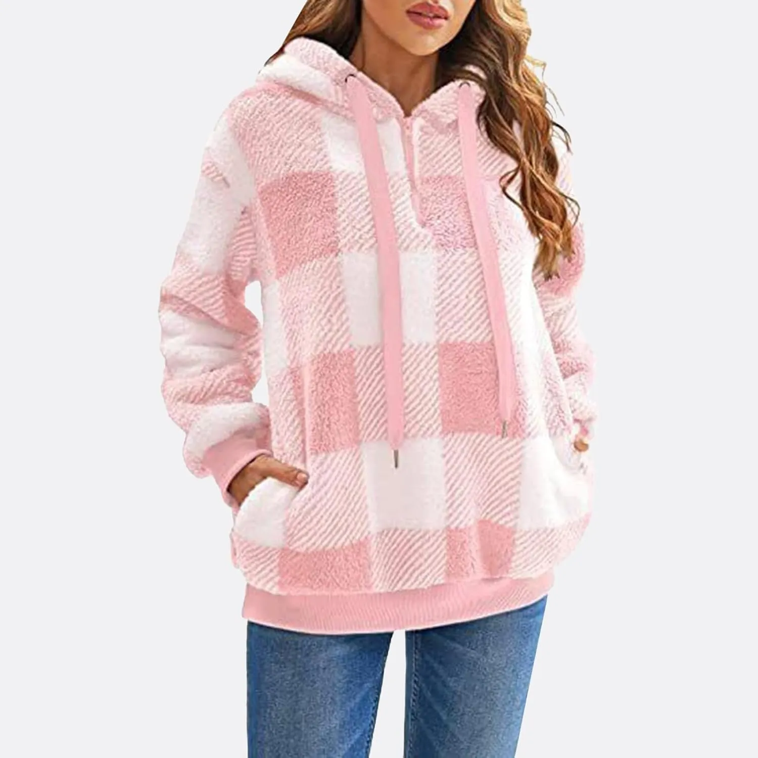 Women's Sweatshirt Cropped Hoodie Women's Casual Oversized Sweatshirt Puffy Plush Fleece Sweatshirt with Pockets