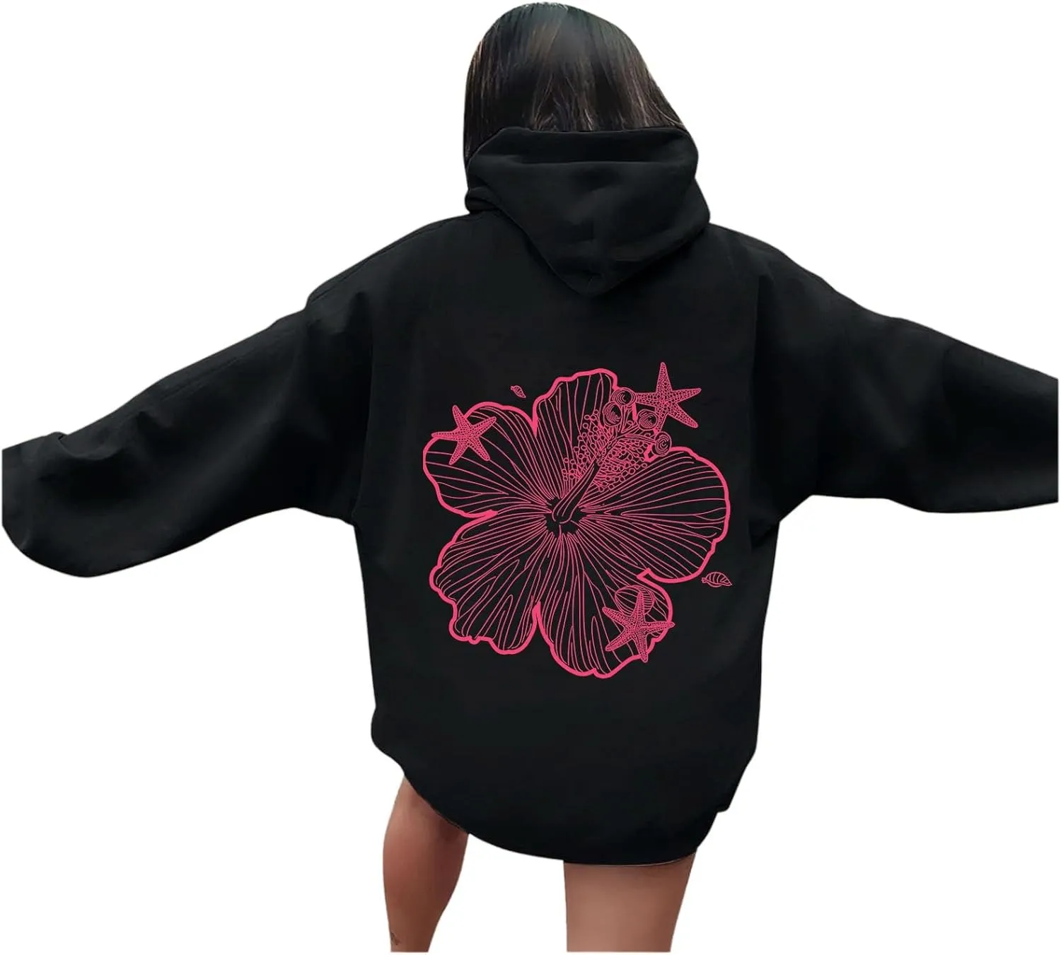 Womens Sweatshirt Floral Print Long Sleeve Drop Shoulder Casual Sweatshirts Drawstring Pockets Comfort Trendy Hoodie