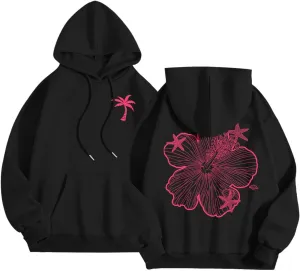 Womens Sweatshirt Floral Print Long Sleeve Drop Shoulder Casual Sweatshirts Drawstring Pockets Comfort Trendy Hoodie
