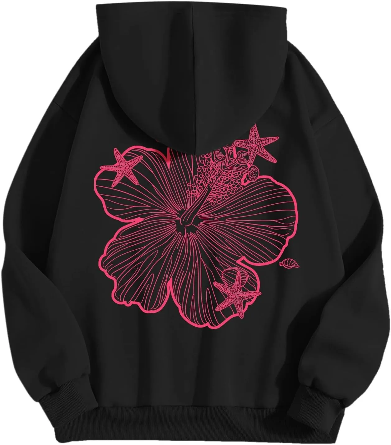 Womens Sweatshirt Floral Print Long Sleeve Drop Shoulder Casual Sweatshirts Drawstring Pockets Comfort Trendy Hoodie