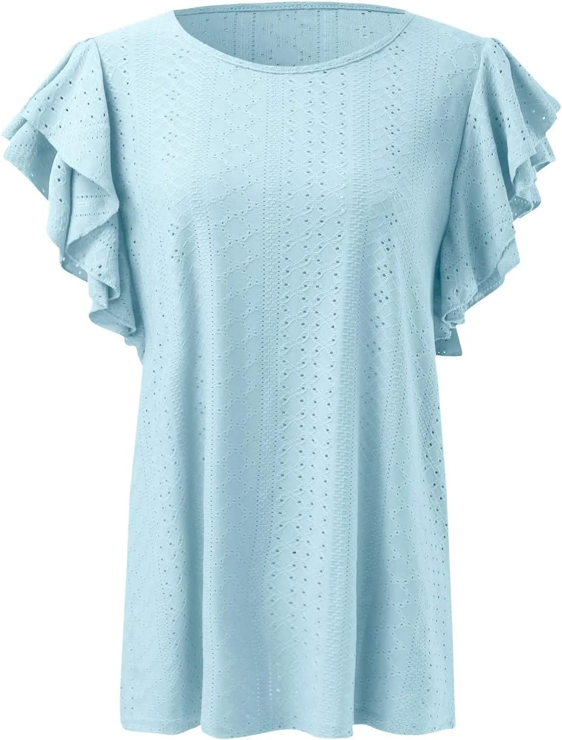 Womens Tops Summer Ruffle Sleeve Crew Neck Tshirts Loose Fit Casual Cute Top Blouses