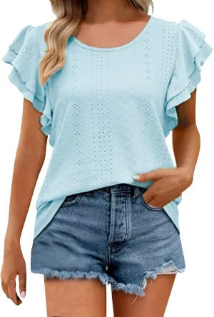 Womens Tops Summer Ruffle Sleeve Crew Neck Tshirts Loose Fit Casual Cute Top Blouses