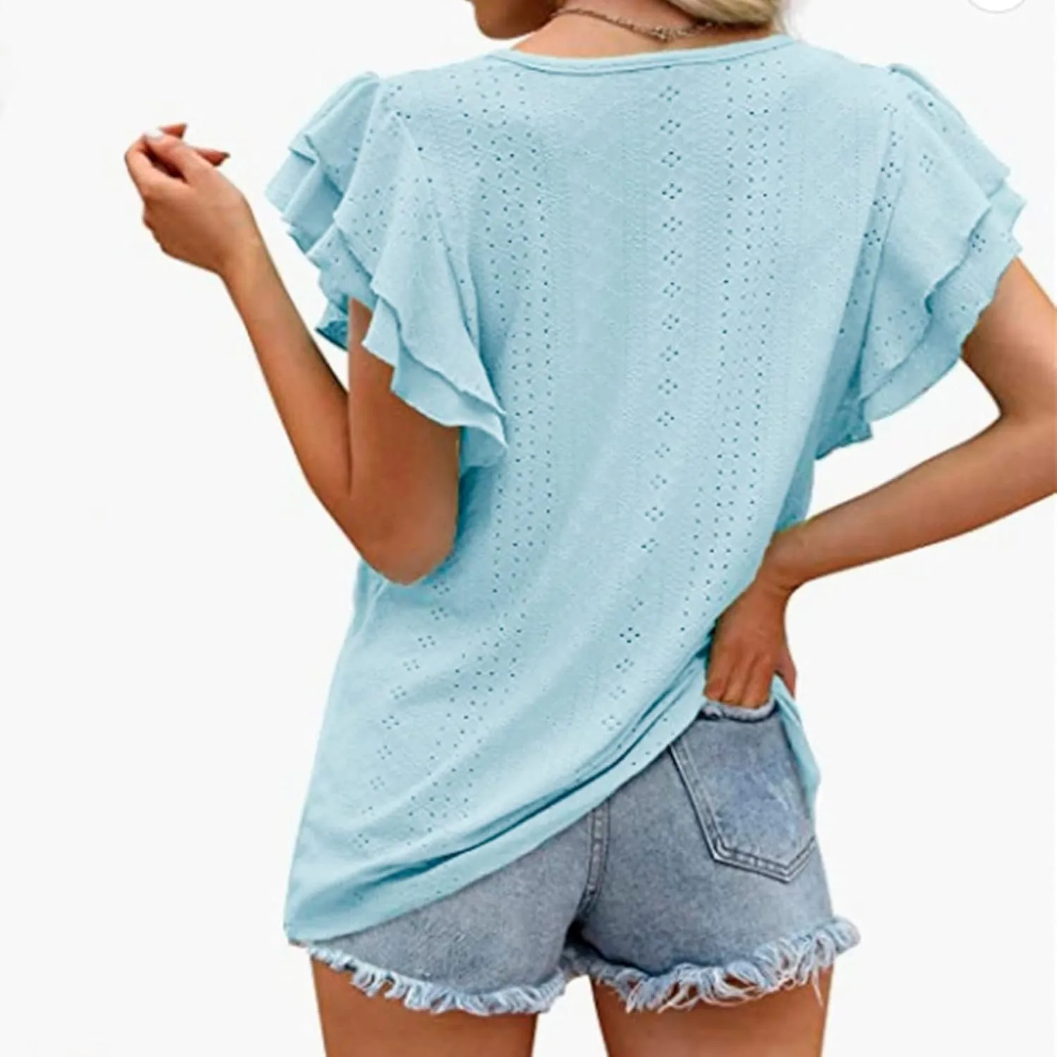 Womens Tops Summer Ruffle Sleeve Crew Neck Tshirts Loose Fit Casual Cute Top Blouses