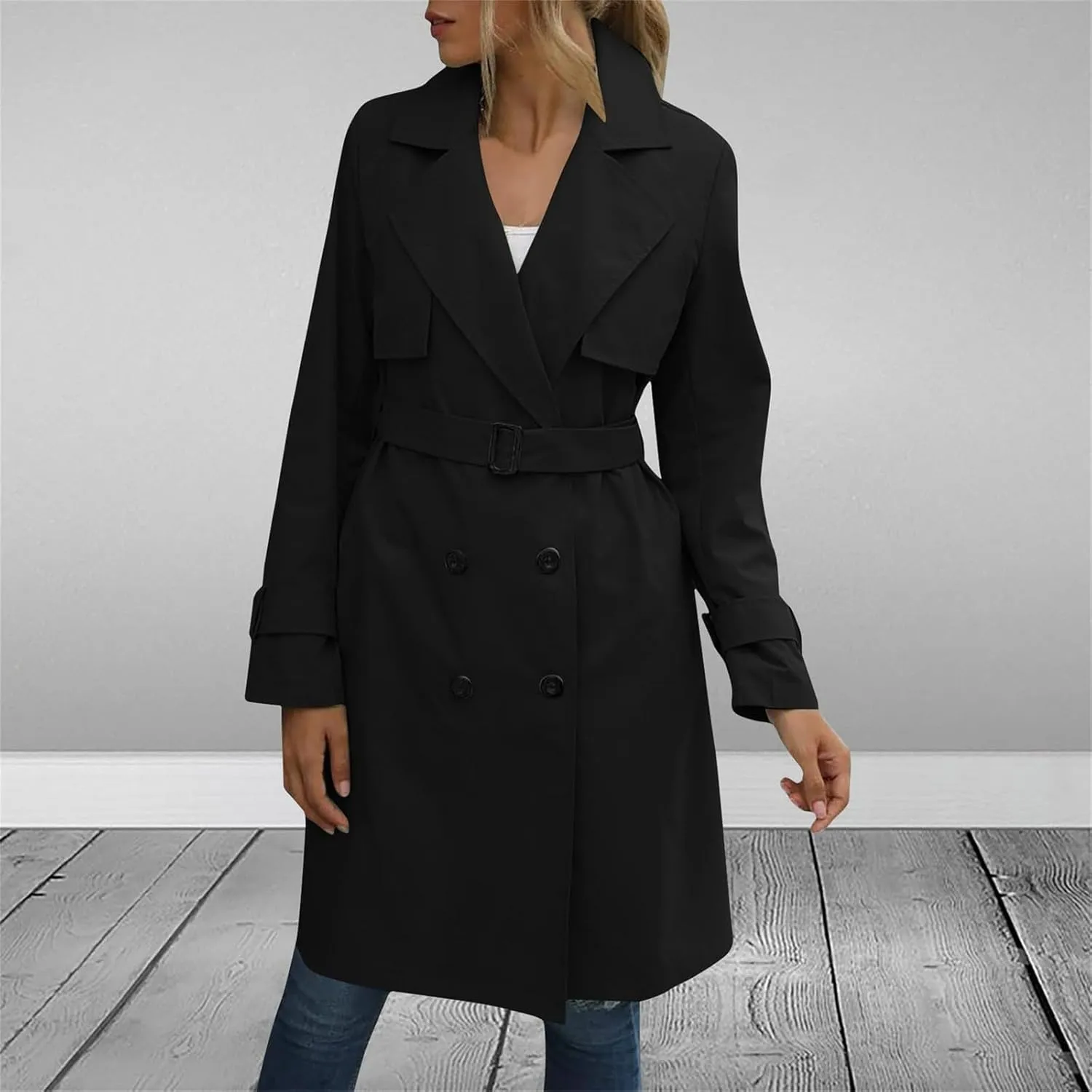 Womens Trench Coat Double Breasted Lapel Collar Long Coats Casual Windbreaker Jacket Trendy Overcoat with Pockets