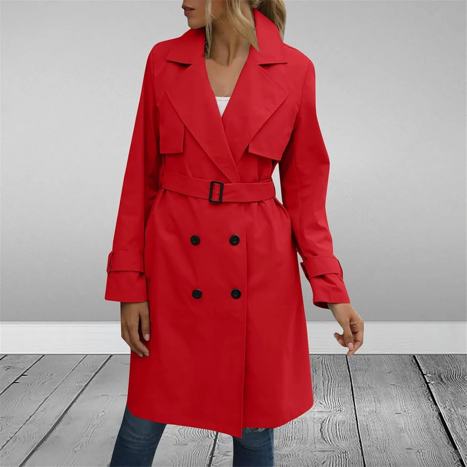 Womens Trench Coat Double Breasted Lapel Collar Long Coats Casual Windbreaker Jacket Trendy Overcoat with Pockets