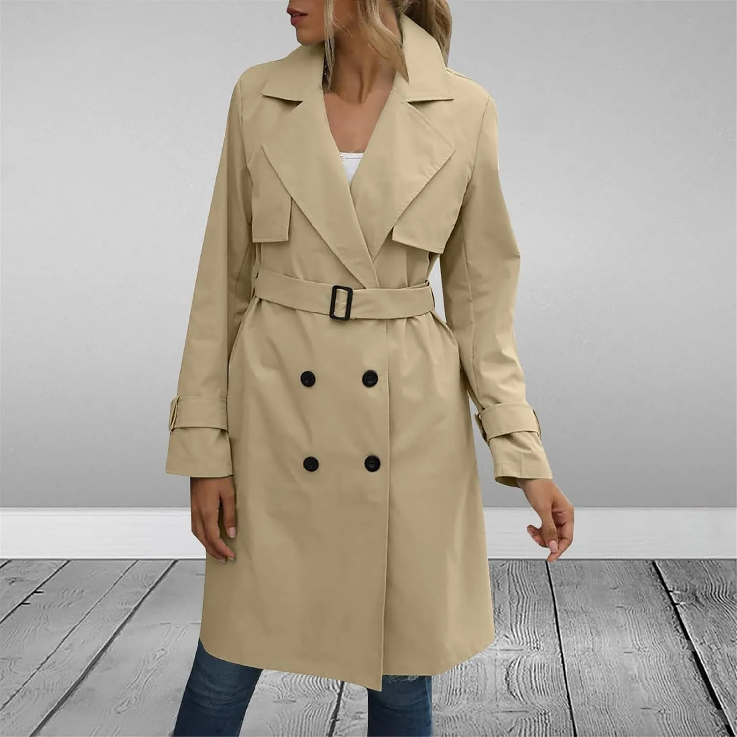 Womens Trench Coat Double Breasted Lapel Collar Long Coats Casual Windbreaker Jacket Trendy Overcoat with Pockets