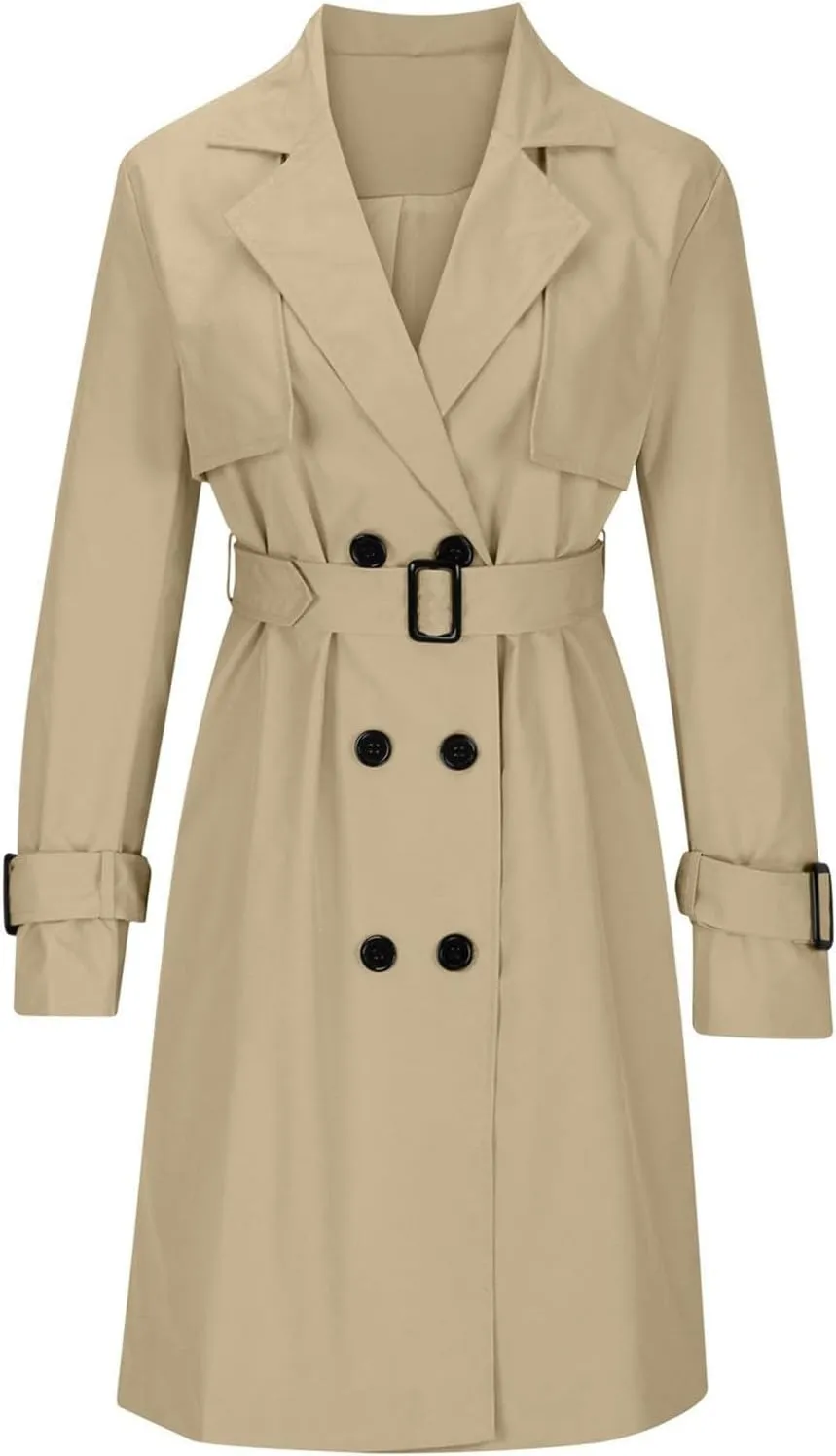 Womens Trench Coat Double Breasted Lapel Collar Long Coats Casual Windbreaker Jacket Trendy Overcoat with Pockets