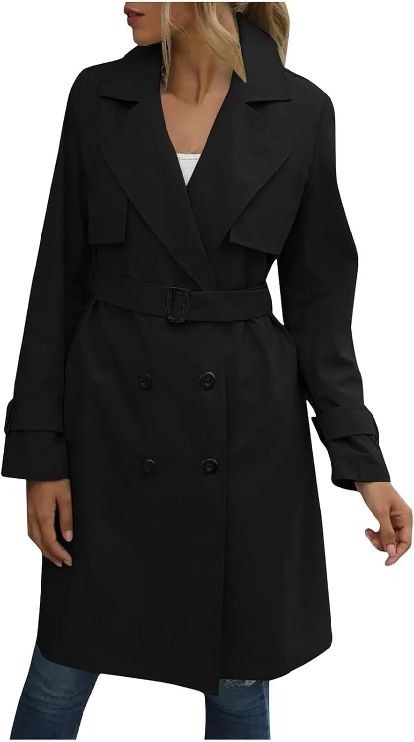 Womens Trench Coat Double Breasted Lapel Collar Long Coats Casual Windbreaker Jacket Trendy Overcoat with Pockets