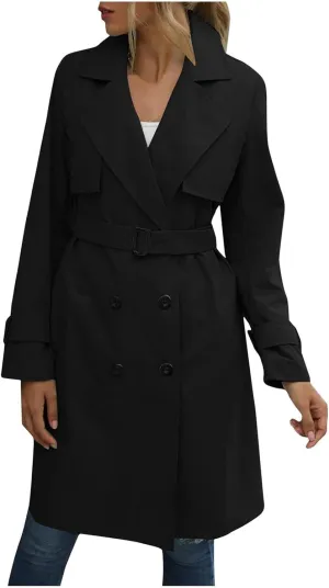 Womens Trench Coat Double Breasted Lapel Collar Long Coats Casual Windbreaker Jacket Trendy Overcoat with Pockets