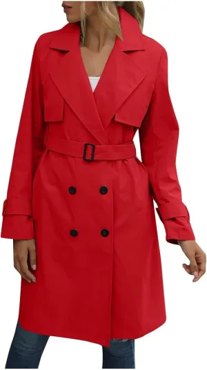 Womens Trench Coat Double Breasted Lapel Collar Long Coats Casual Windbreaker Jacket Trendy Overcoat with Pockets