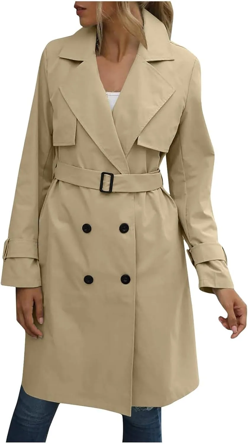 Womens Trench Coat Double Breasted Lapel Collar Long Coats Casual Windbreaker Jacket Trendy Overcoat with Pockets