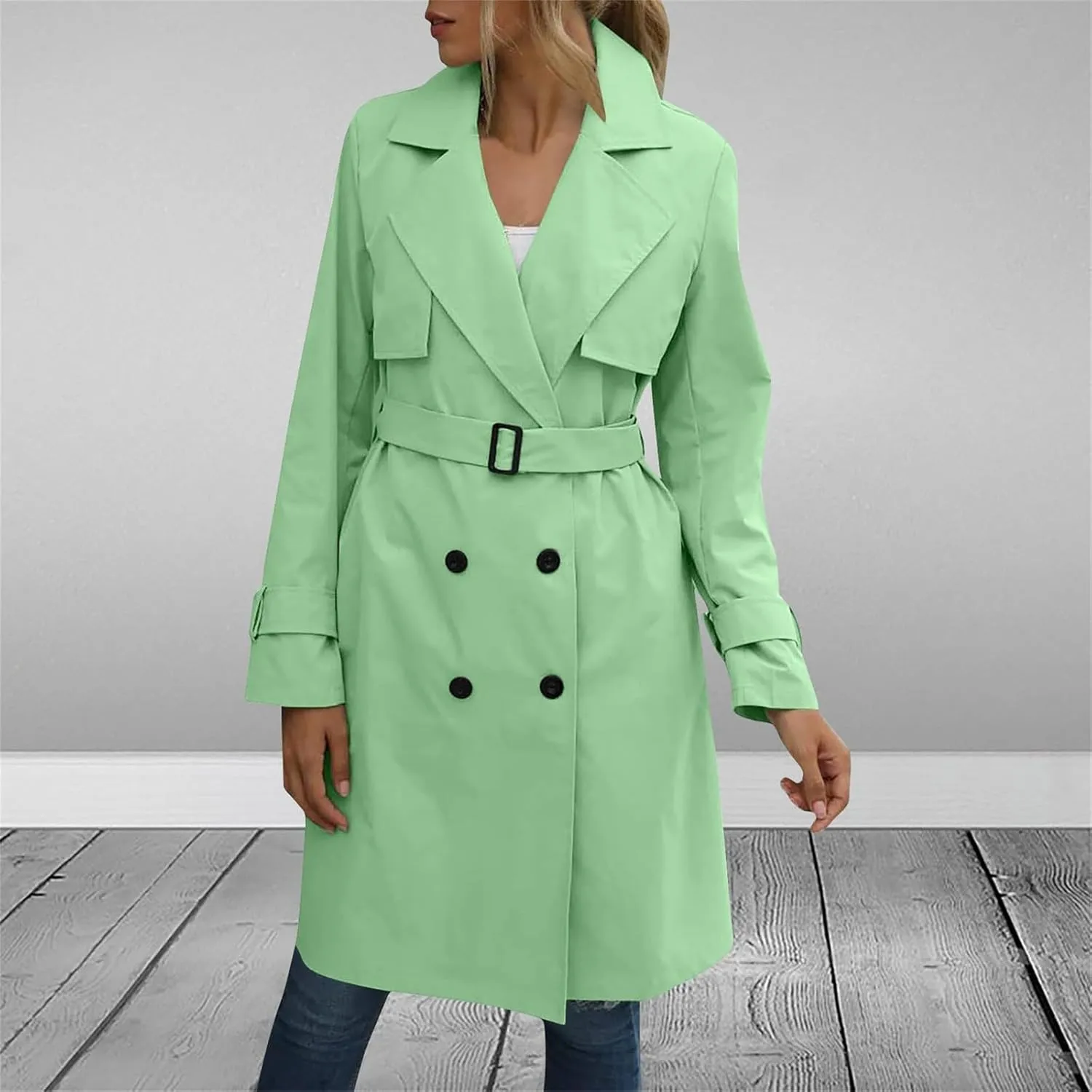 Womens Trench Coat Double Breasted Lapel Collar Long Coats Casual Windbreaker Jacket Trendy Overcoat with Pockets
