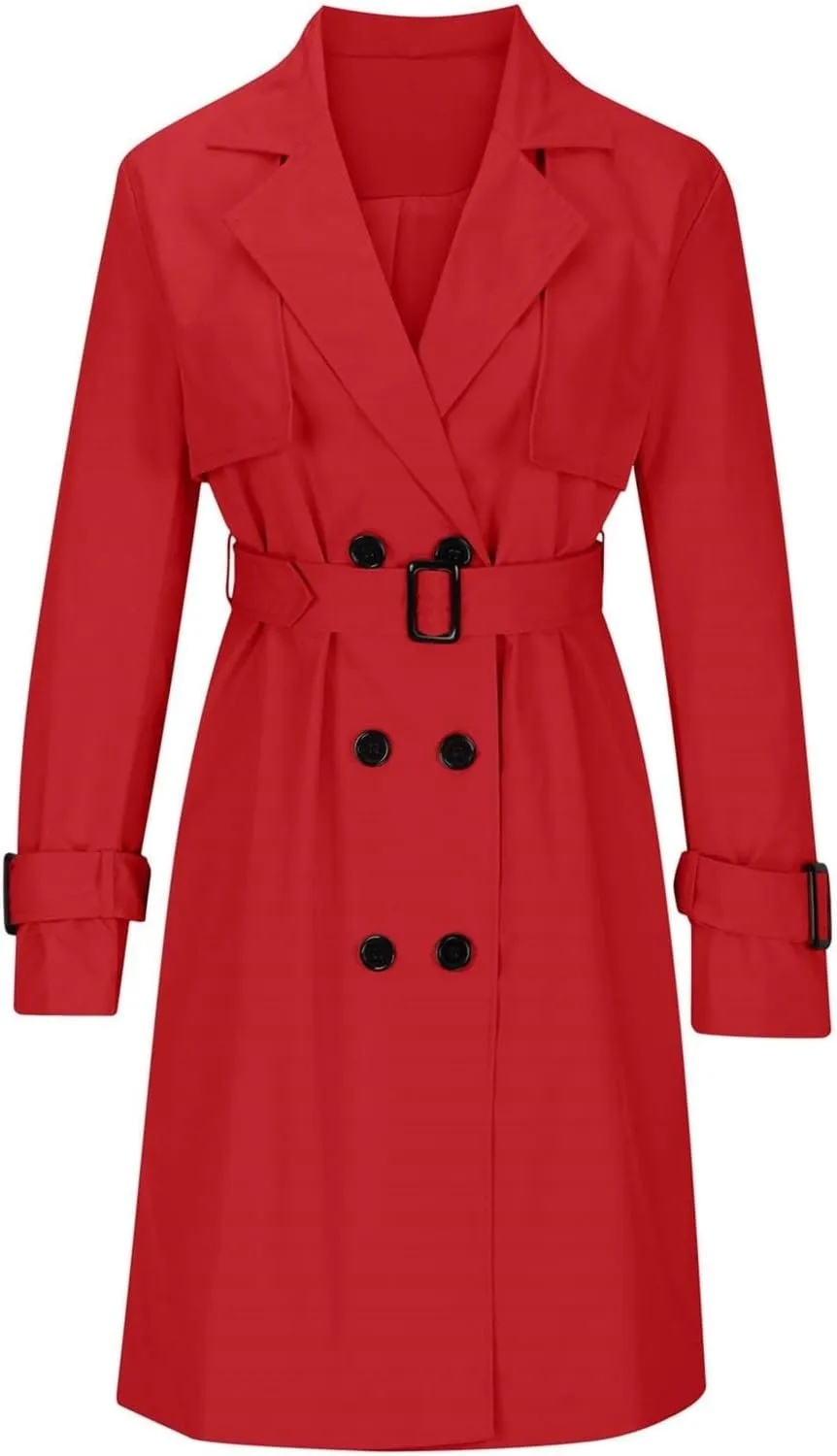 Womens Trench Coat Double Breasted Lapel Collar Long Coats Casual Windbreaker Jacket Trendy Overcoat with Pockets