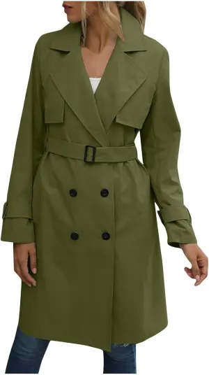 Womens Trench Coat Double Breasted Lapel Collar Long Coats Casual Windbreaker Jacket Trendy Overcoat with Pockets