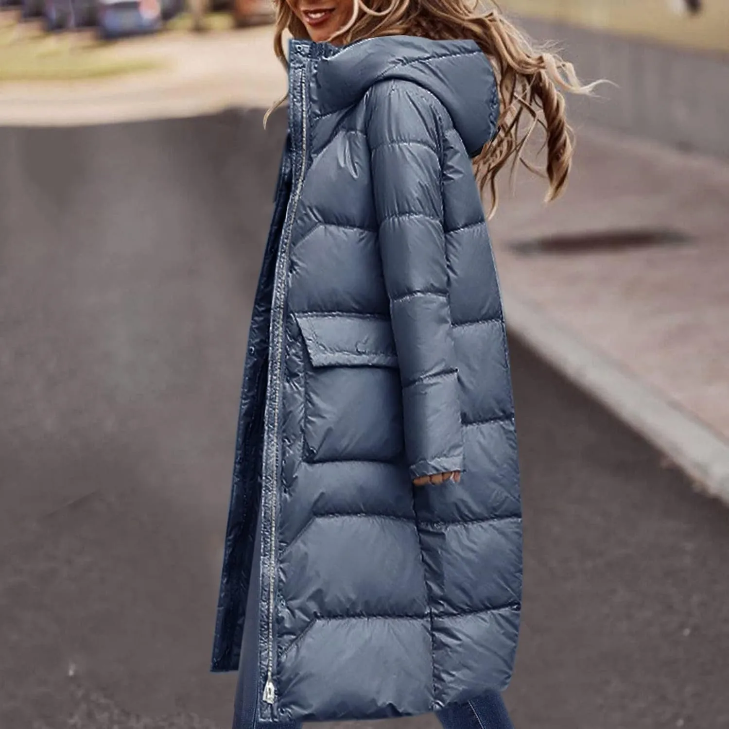 Womens Winter Coat Packable Zipper Puffer Jacket Oversized Long Sleeve Packable Down Parka Jackets With Pocket