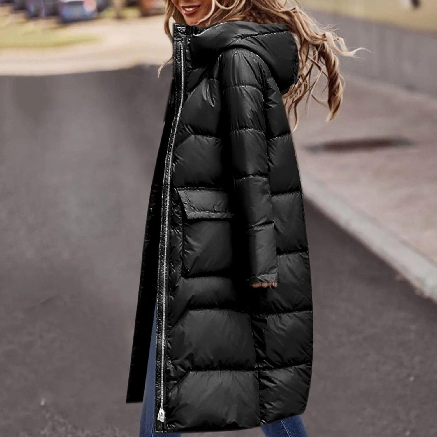 Womens Winter Coat Packable Zipper Puffer Jacket Oversized Long Sleeve Packable Down Parka Jackets With Pocket