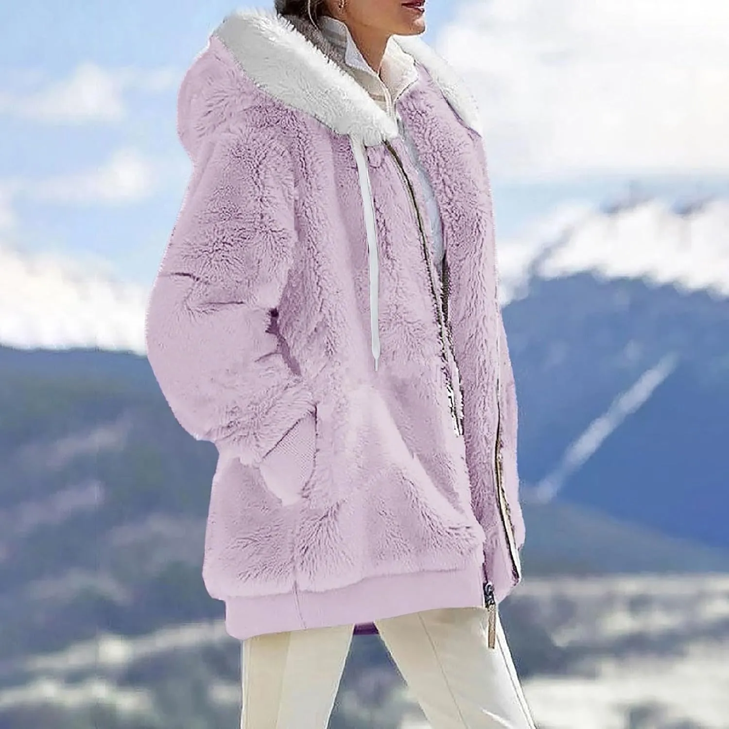 Womens Winter Coats Plus Size Full Zip Sherpa Jacket Baggy Drawstring Hooded Coat Comfy Soft Warm Jackets w/Pockets