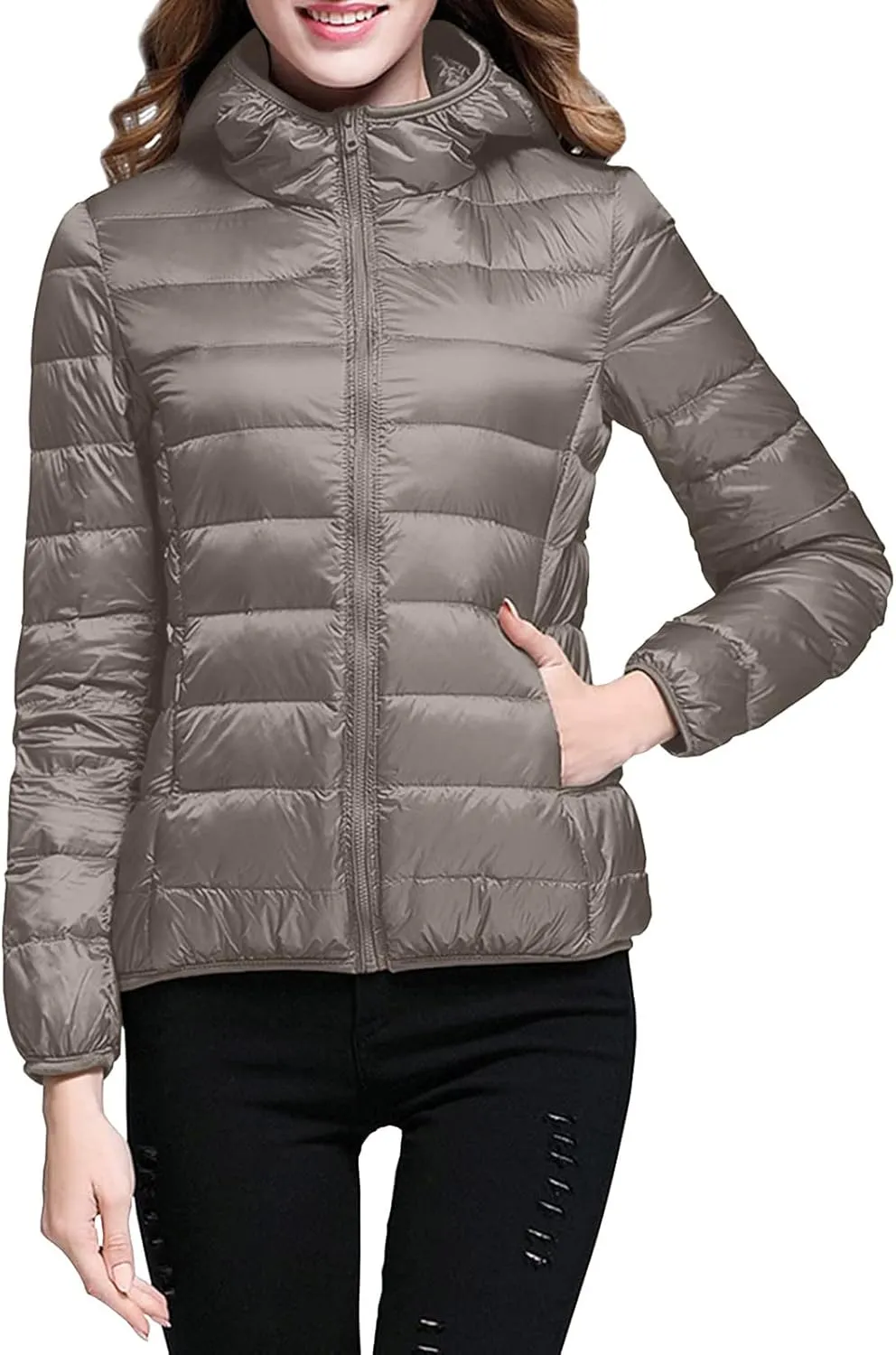 Womens Winter Lightweight Packable Puffer Coats Slim Fit Windproof Quilted Hooded Down Jackets Outerwear with Pockets