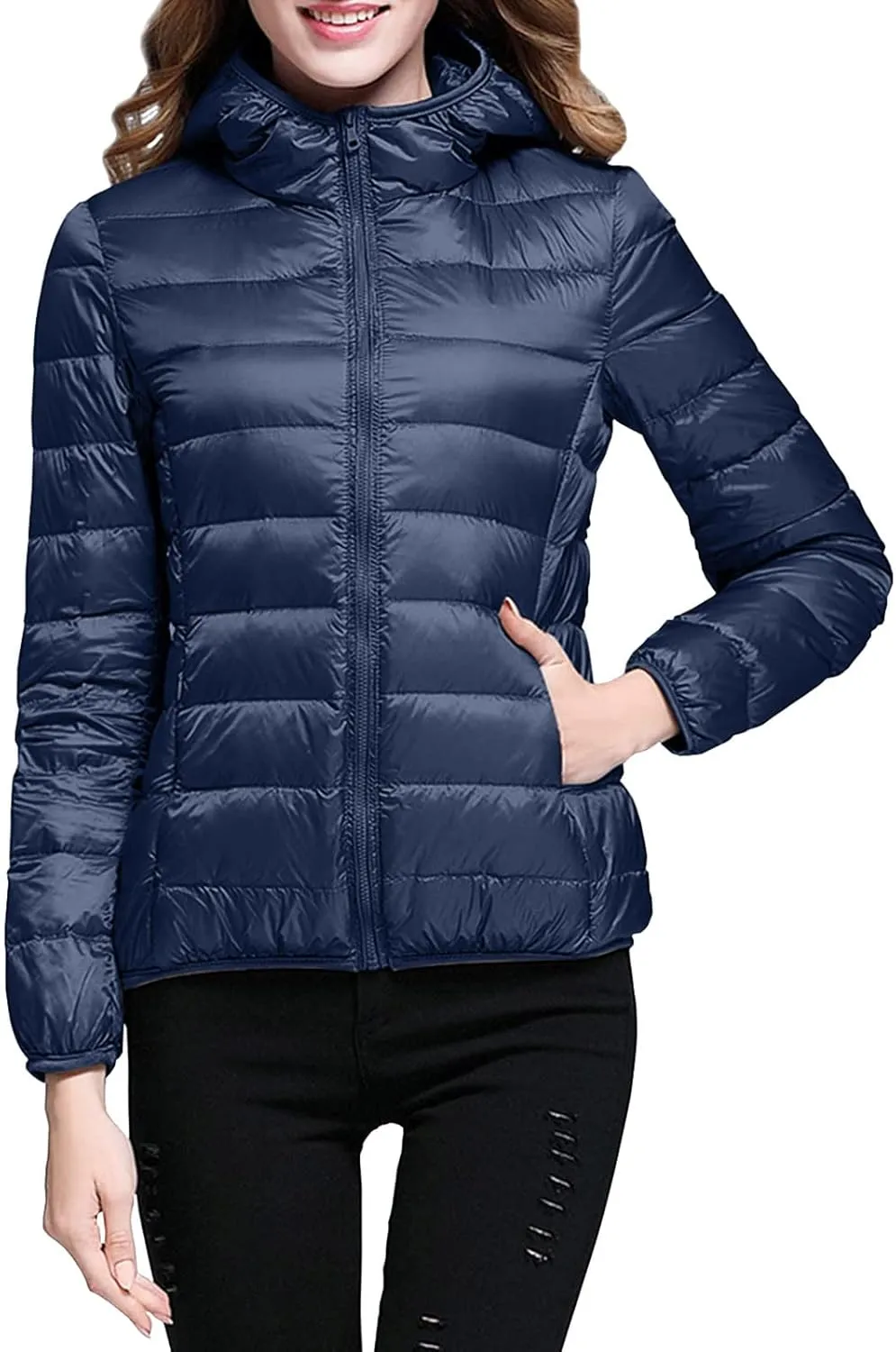 Womens Winter Quilted Jacket Slim Fit Short Down Jacket Cropped Warm Zip Puffer Coat Hooded Padded Puffer Coat