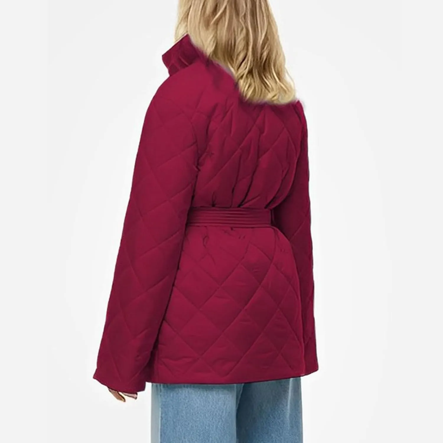 Women's Winter Warm Coats Lapel Mid-Length Diamond Quilted Down Jacket With Belt Oversized Open Front Jacket Cardigan