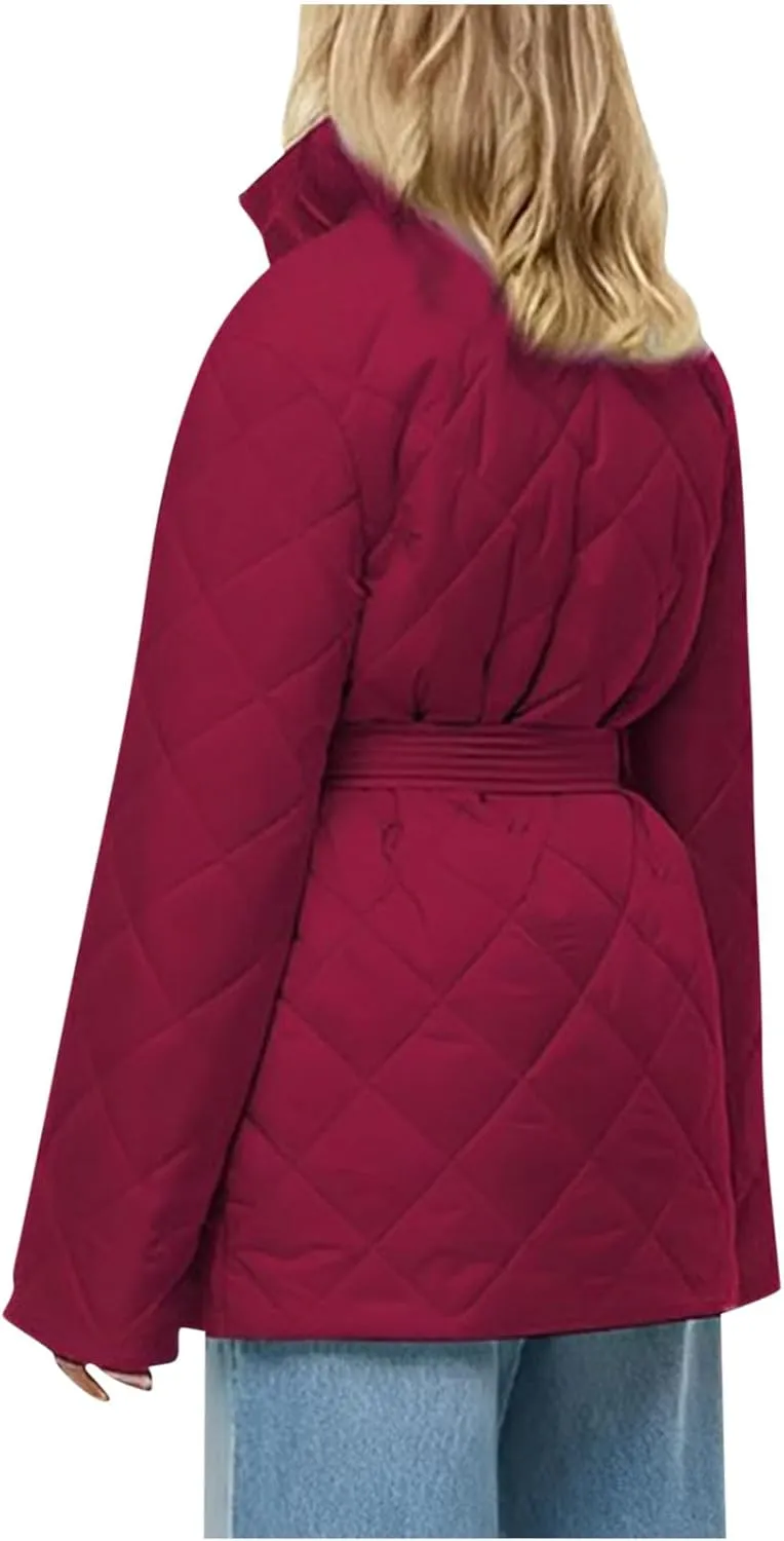 Women's Winter Warm Coats Lapel Mid-Length Diamond Quilted Down Jacket With Belt Oversized Open Front Jacket Cardigan