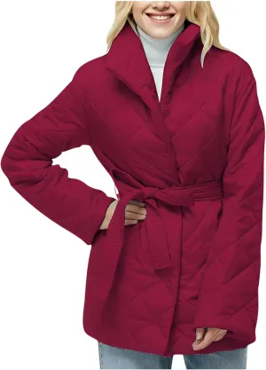 Women's Winter Warm Coats Lapel Mid-Length Diamond Quilted Down Jacket With Belt Oversized Open Front Jacket Cardigan