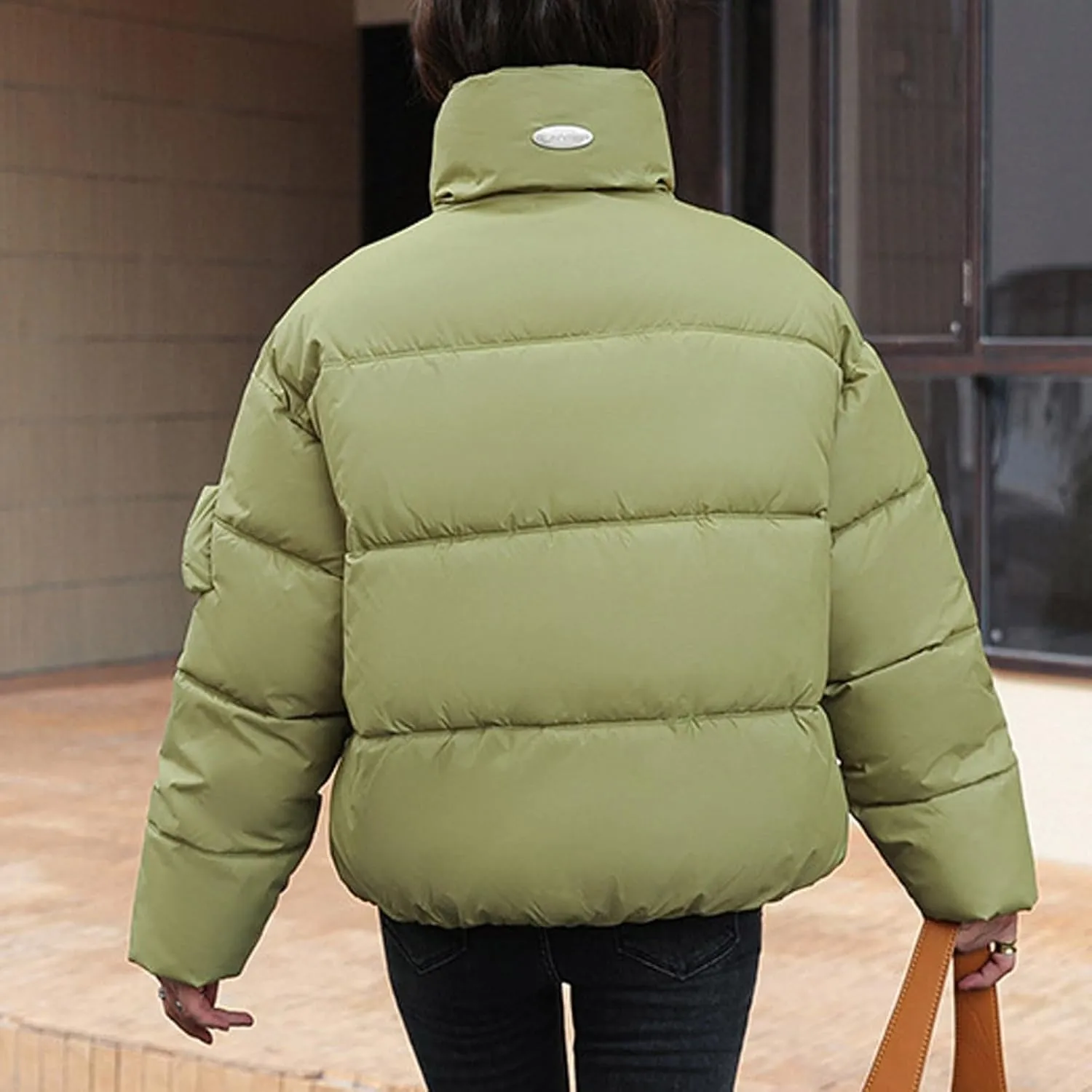 Women's Winter Warm Long Sleeve Zip up Puffer Jacket Stand Collar Baggy Short Padded Jacket Down Coats with Pockets