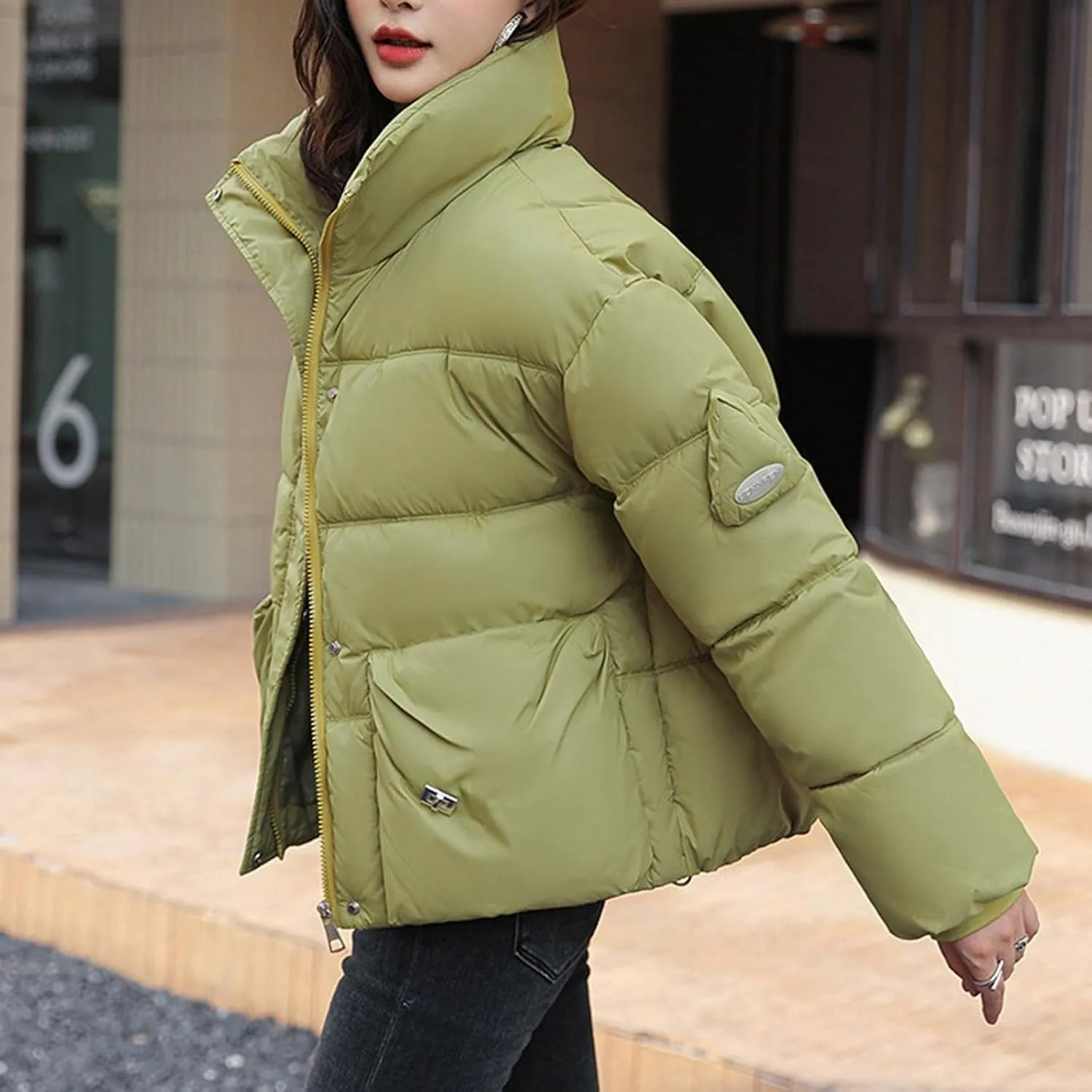 Women's Winter Warm Long Sleeve Zip up Puffer Jacket Stand Collar Baggy Short Padded Jacket Down Coats with Pockets