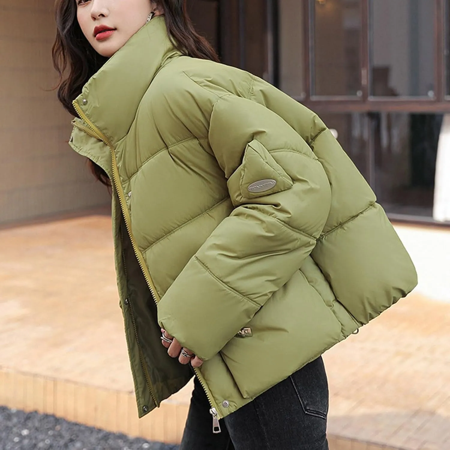 Women's Winter Warm Long Sleeve Zip up Puffer Jacket Stand Collar Baggy Short Padded Jacket Down Coats with Pockets