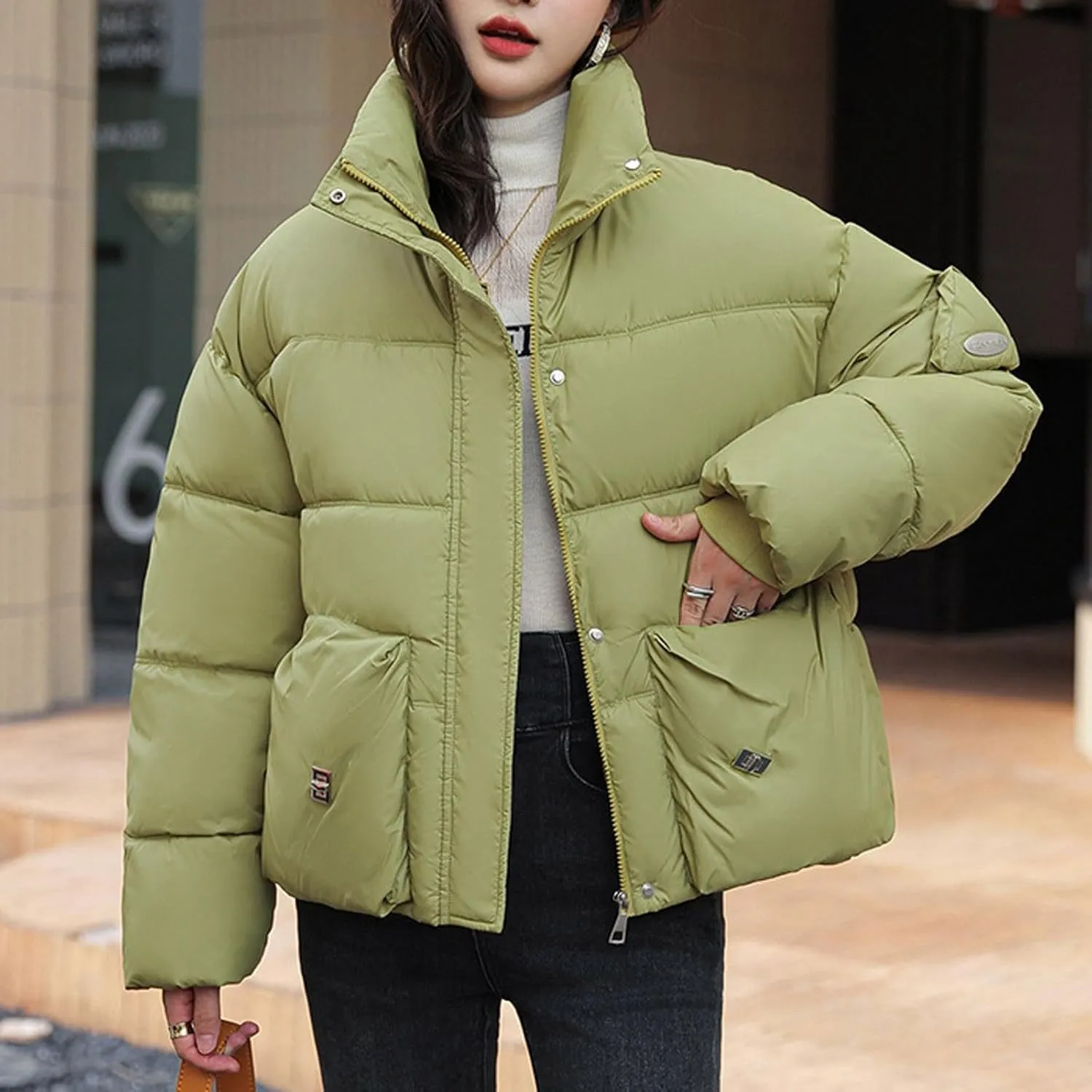 Women's Winter Warm Long Sleeve Zip up Puffer Jacket Stand Collar Baggy Short Padded Jacket Down Coats with Pockets