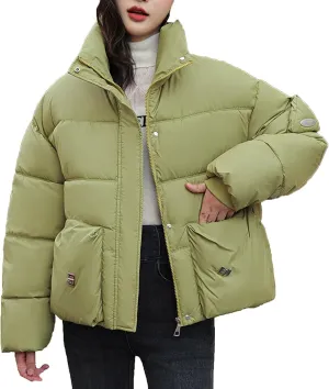 Women's Winter Warm Long Sleeve Zip up Puffer Jacket Stand Collar Baggy Short Padded Jacket Down Coats with Pockets