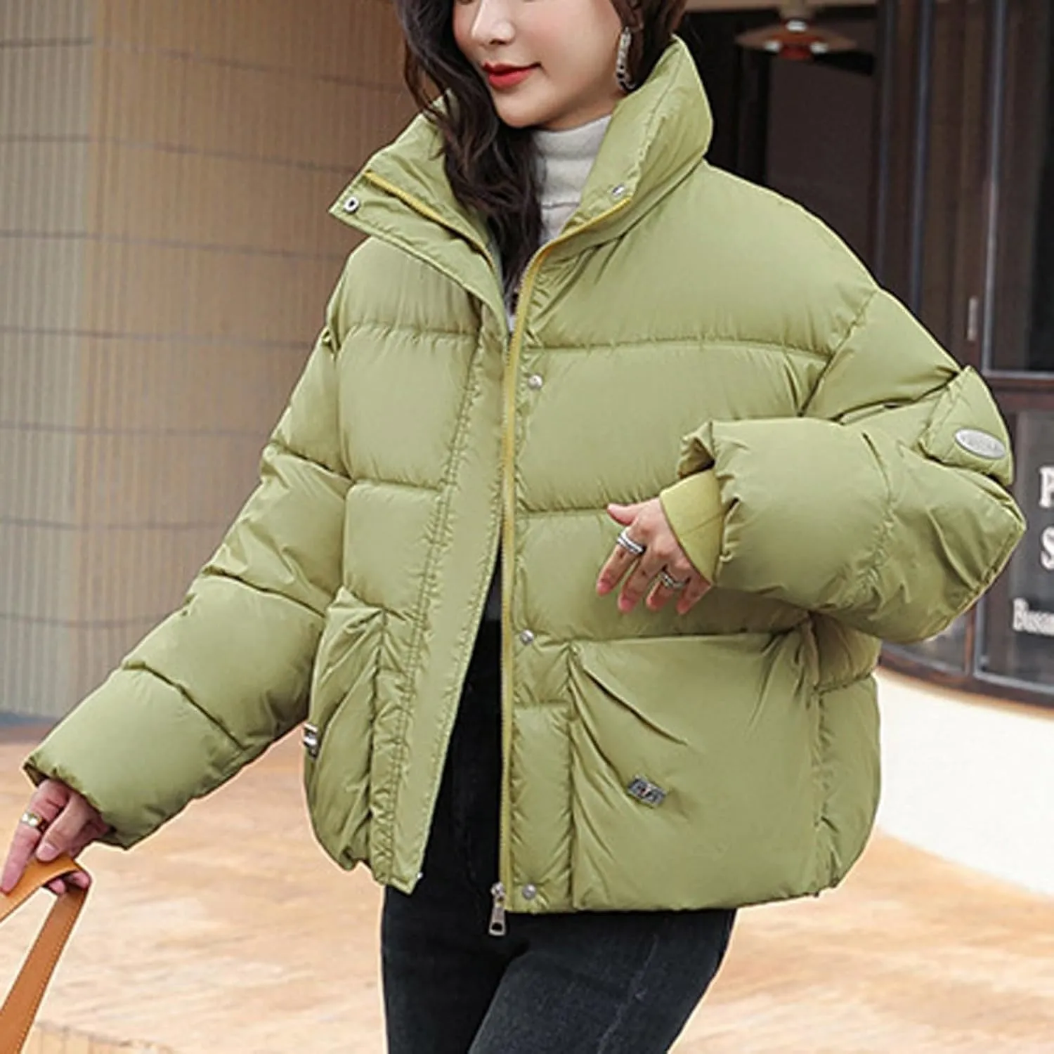 Women's Winter Warm Long Sleeve Zip up Puffer Jacket Stand Collar Baggy Short Padded Jacket Down Coats with Pockets