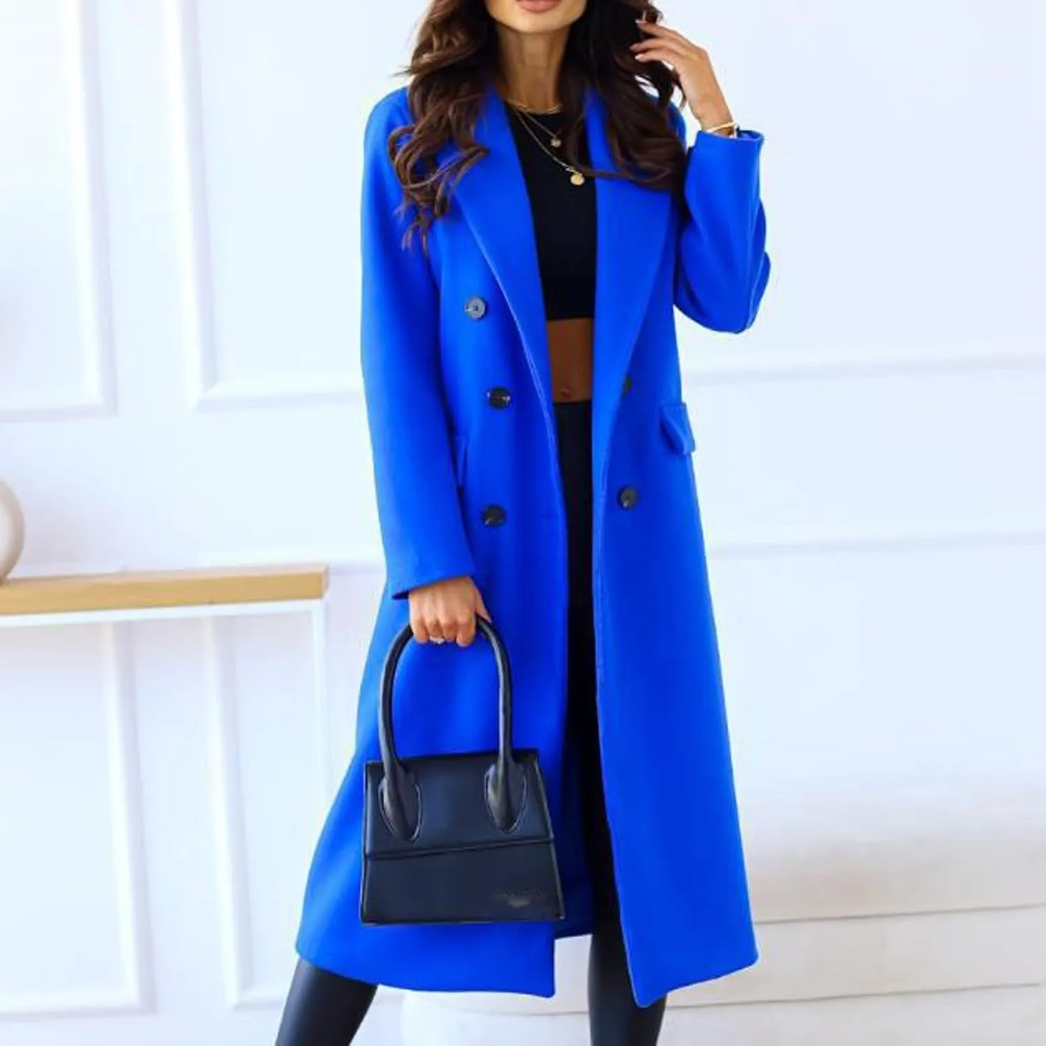 Women's Winter Wool Coat Casual Lapel Double-Breasted Peacoat Warm Jackets Trench Coat Outwear