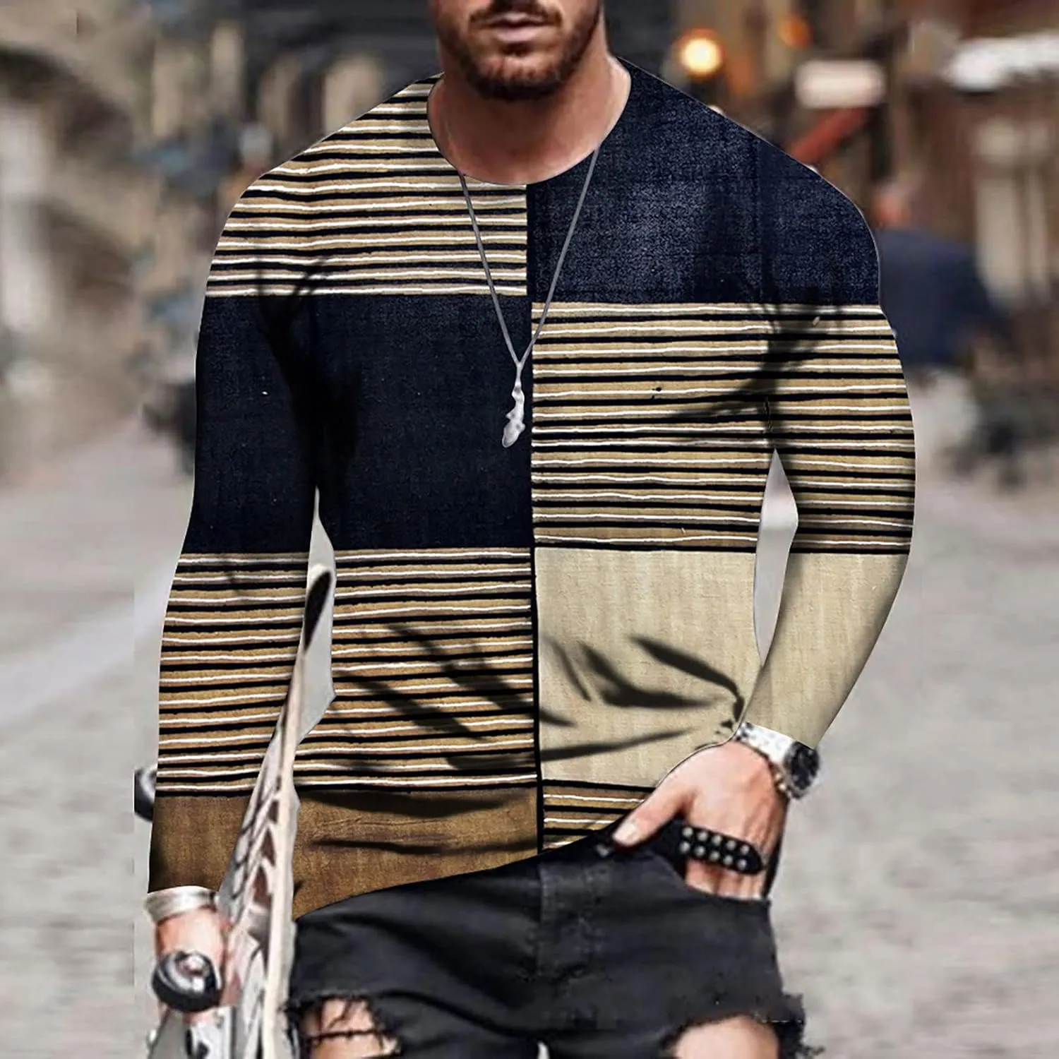 Work Out Athletic Tshirts for Man Fall Summer Long Sleeve Boat Neck 3D Digital Print Camo Tops Shirt Man 2025