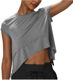 Workout Cropped Tops for Women Flowy Athletic Tops Oversized Loose Fit Running Yoga Quick Dry Soft Crewneck Tees
