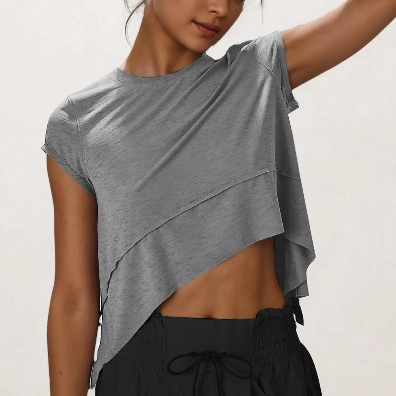 Workout Cropped Tops for Women Flowy Athletic Tops Oversized Loose Fit Running Yoga Quick Dry Soft Crewneck Tees
