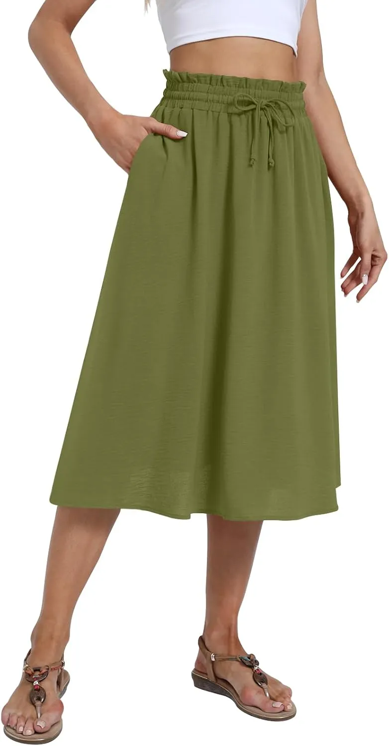 Yincro Women's Summer High Waisted Midi Skirt Elastic Waistband A-Line Skirt with Pockets