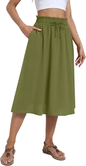 Yincro Women's Summer High Waisted Midi Skirt Elastic Waistband A-Line Skirt with Pockets