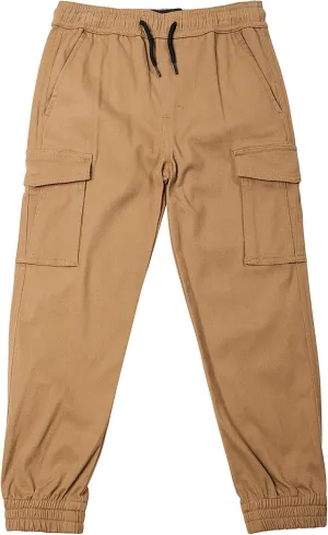 Youth Twill Jogger Pants Soft Stretch Slim Fit Trousers, Tobacco Cargo, 4
